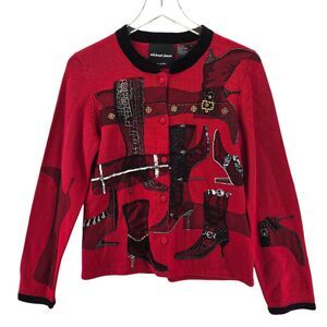 Vintage Michael Simon Cardigan Sweater Whimsical Small Boots Shoes Sequins Lace